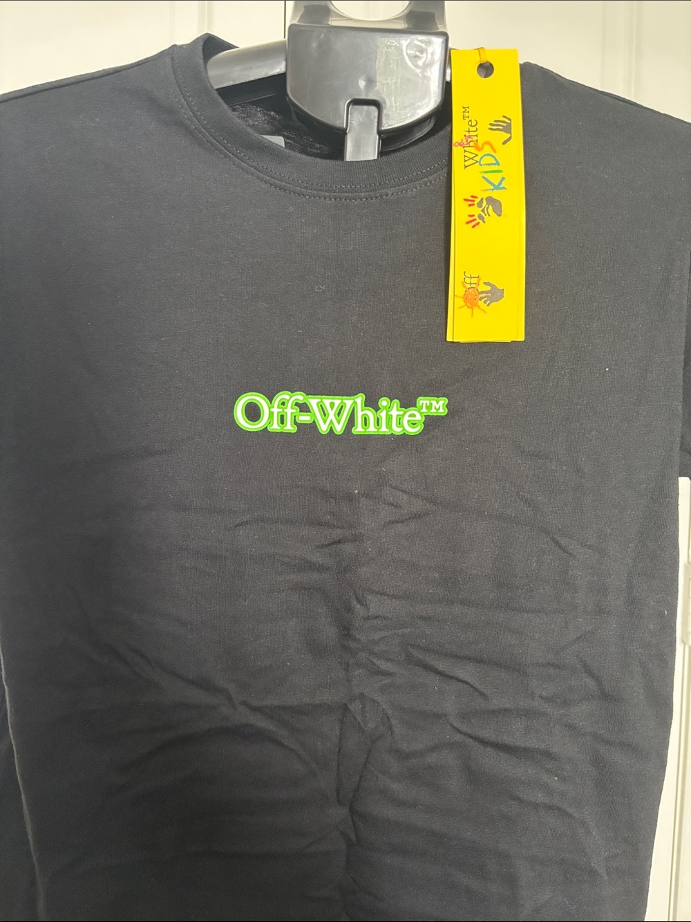 Off-White Black Crewneck Tee with Neon Green Logo